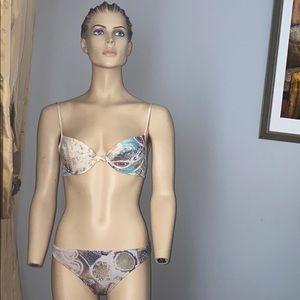 Roberto Cavalli Beige, Blue and Purple Patterned Bikini Set